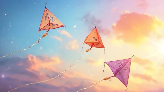 Colorful kites soaring high above vibrant sky on holiday composition