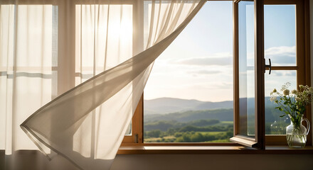 An open window with curtains blowing in the wind, overlooking a beautiful natural landscape at daytime