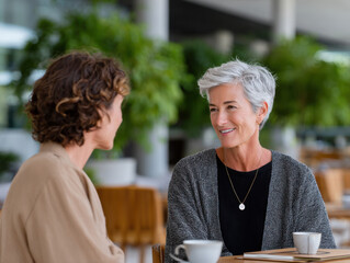Two senior businesswomen talking and smiling during coffee break