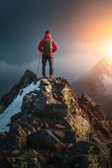 Man Standing on Mountain Peak at Sunset for Inspiration
