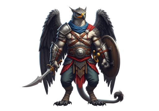 A formidable figure, a creature of great power, stands ready with sword and shield, showcasing detailed armor and imposing wings.