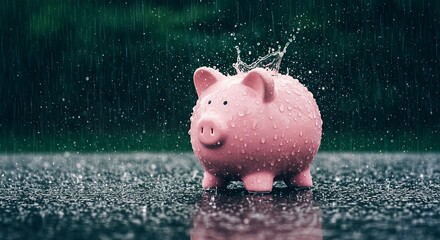 Pink piggy bank standing in the rain, symbolizing financial savings and preparation for unexpected challenges.