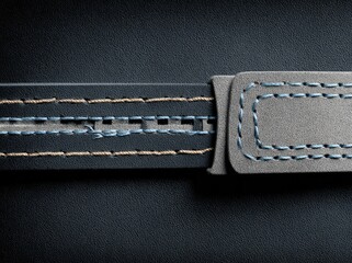 Close-up of a dark navy leather watch strap with a light gray section and stitching