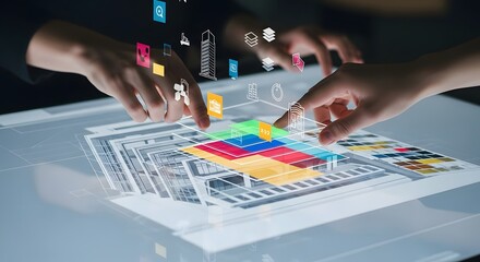 Architects collaborating on a futuristic holographic interface, designing a digital building model with augmented reality technology