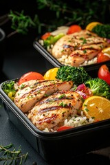 Grilled Chicken Bento Lunch with Rice and Fresh Vegetables