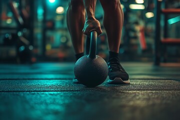 Intense strength training session focused athlete grips kettlebell ready for powerful workout in atmospheric gym, Generative AI.