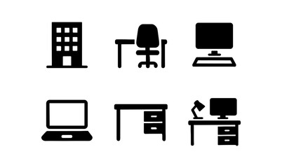 Modern office icon set: desk, chair, computer, building in simple style