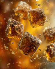 Brown sugar cubes floating in fizzy amber liquid