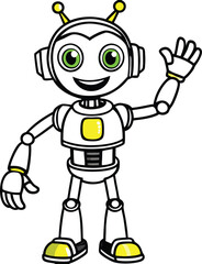 Naklejka premium Cartoon robot with yellow accents and green eyes on black