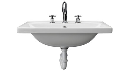 Isolated ceramic sink with chrome faucet and knobs used in modern bathroom or restroom