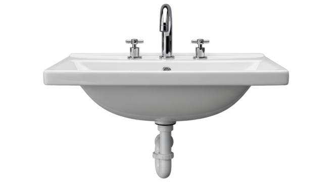 Isolated ceramic sink with chrome faucet and knobs used in modern bathroom or restroom