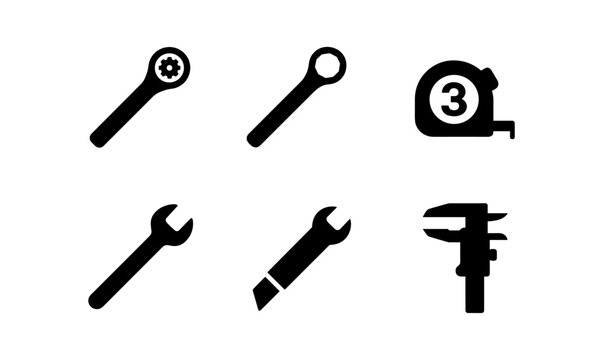 Essential tools icons set: wrench, tape measure, caliper in simple style