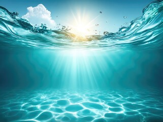 Underwater scene with sunlight beams, turquoise water, and ripples