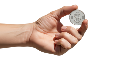 Isolated hand holding a metal coin with dollar currency symbol in close-up view