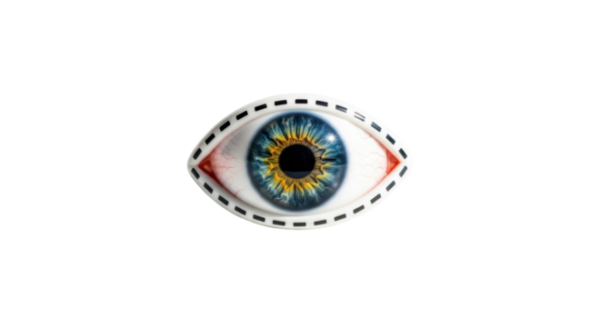 Isolated realistic blue human eye surrounded by surgical markings for cosmetic surgery