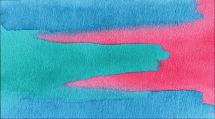 Abstract watercolor painting with teal, blue, and pink horizontal stripes
