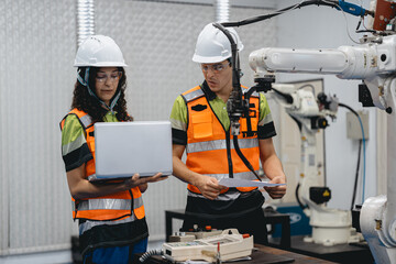 Smart Latino woman and male colleague working on AI technology in robotic electronic engineering laboratory. Hispanic engineer technician team research in robot machine futuristic automated control.