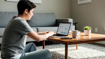 Young woman working on laptop computer at home, analyzing data and financial reports for remote work productivity. - Powered by Adobe