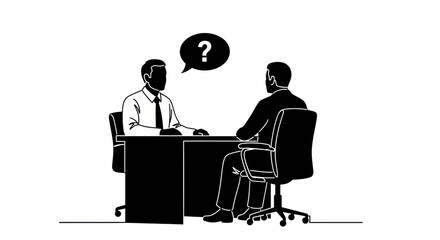 Isolated illustration of two men at a desk with a question mark in a speech bubble