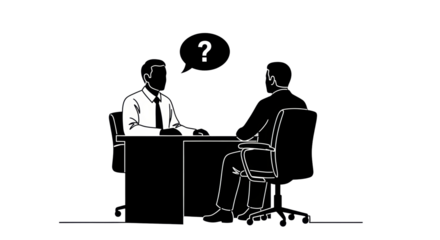 Isolated illustration of two men at a desk with a question mark in a speech bubble