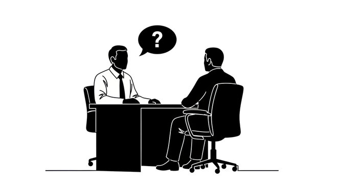 Isolated illustration of two men at a desk with a question mark in a speech bubble
