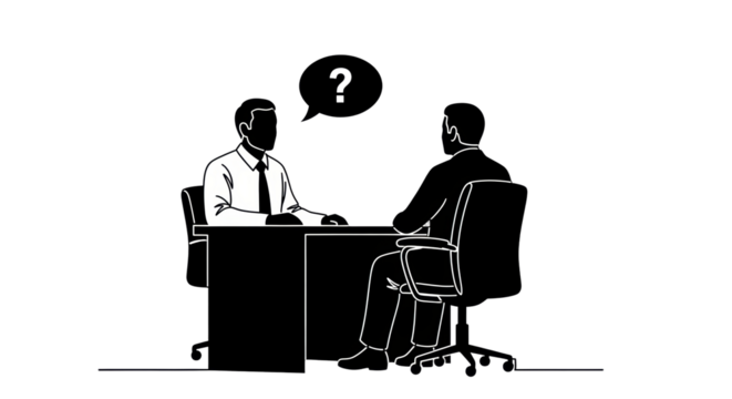 Isolated illustration of two men at a desk with a question mark in a speech bubble