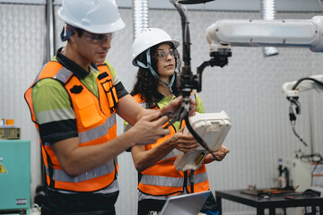Smart Latino woman and male colleague working on AI technology in robotic electronic engineering...
