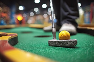 Miniature golf putter poised over a yellow ball