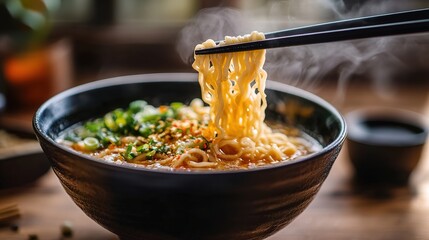 A steaming bowl of noodles, garnished with green onions and herbs, presented with chopsticks, evokes a warm, inviting culinary experience.