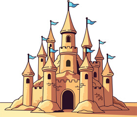Fototapeta premium Fantasy Sandcastle Vector Illustration with Tall Towers and Blue Flags, Detailed Beach Castle