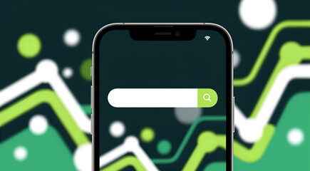 Smartphone con barra di ricerca per contenuti di rete su sfondo astratto a tema tecnologico - illustrazione grafica