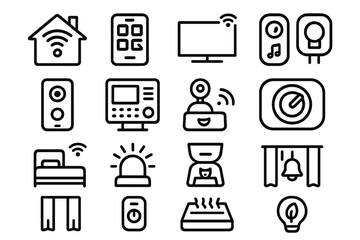 Smart home linear icon set. featuring wifi, speaker, camera, bed, curtain, and light symbols
