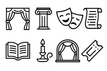 Fototapeta premium Theater and performance linear icon set. featuring curtain, column, masks, script, book, candle, stage, and ticket symbols