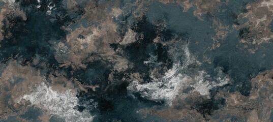 Abstract painting with dark teal, gray, and taupe tones.  A textured, fluid surface with blended colors creates an organic, cloudy effect