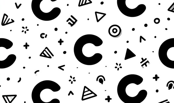 Repeating pattern of black capital letter "C"s and abstract shapes on white background