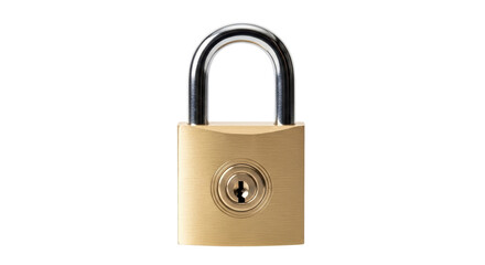 Isolated golden brass padlock security with keyhole, safety assurance to secure protect