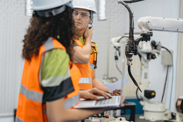Smart Latino woman and male colleague working on AI technology in robotic electronic engineering...