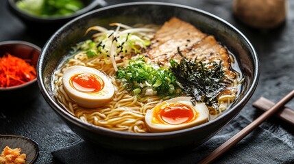 A delicious bowl of ramen featuring soft-boiled eggs, tender pork, green onions, and seaweed, served with chopsticks on a textured surface.