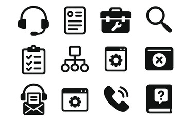 Business tools silhouette icon set. featuring headset, document, briefcase, search, checklist, hierarchy, settings, window, call, book