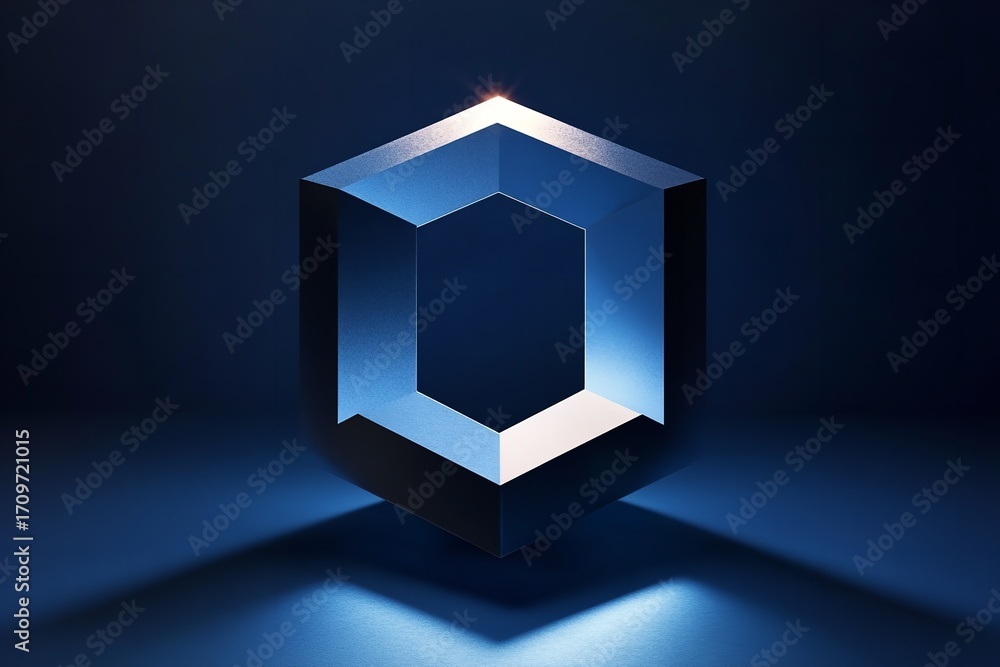 Poster sleek metallic hexagon structure glows with dramatic light and shadow symbolizing innovation technol