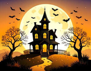 Haunted house under a full moon