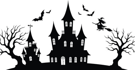 Haunted house silhouette with witch flying on broomstick, spooky bats, creepy dead trees, Halloween gothic castle horror night vector illustration