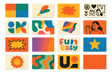 Creative elements flat icon set. featuring abstract, wave, hand, star, and sun designs