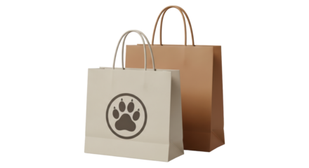 Isolated beige shopping bags, paper bags, kraft with paw print for pets and pet supply store