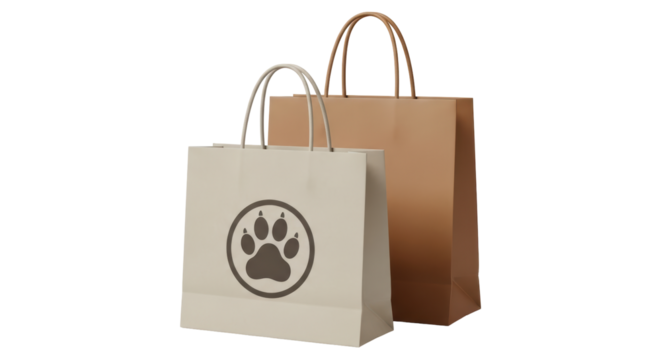 Isolated beige shopping bags, paper bags, kraft with paw print for pets and pet supply store
