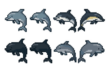 Marine animals pixel art icon set. featuring various dolphin species in pixel style.