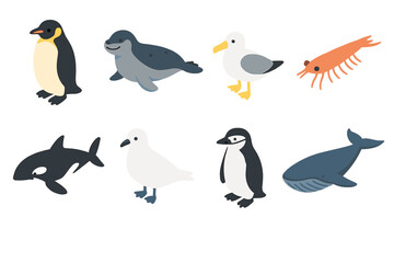 Naklejka premium Antarctic wildlife silhouette icons set. featuring penguin, seal, seagull, krill, whale, and albatross symbols
