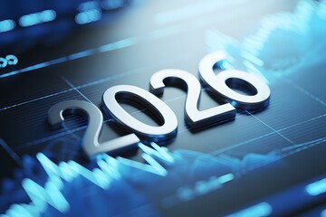 Futuristic 3d rendering of the year 2026 in metallic silver digits superimposed over a blurred blue digital stock market graph representing financial growth and future economic trends