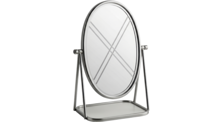 Isolated oval vanity mirror for makeup application with simple stand design on surface