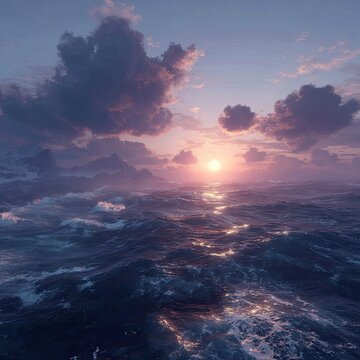Sunset over turbulent ocean, dramatic clouds